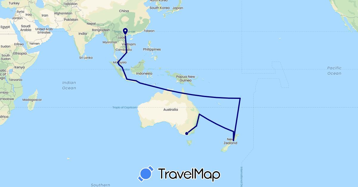 TravelMap itinerary: driving in Australia, Fiji, Indonesia, Malaysia, New Zealand, Singapore, Vietnam (Asia, Oceania)